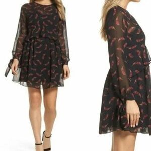 Sam Edelman Sheer Black Dress with Red Leaf Design